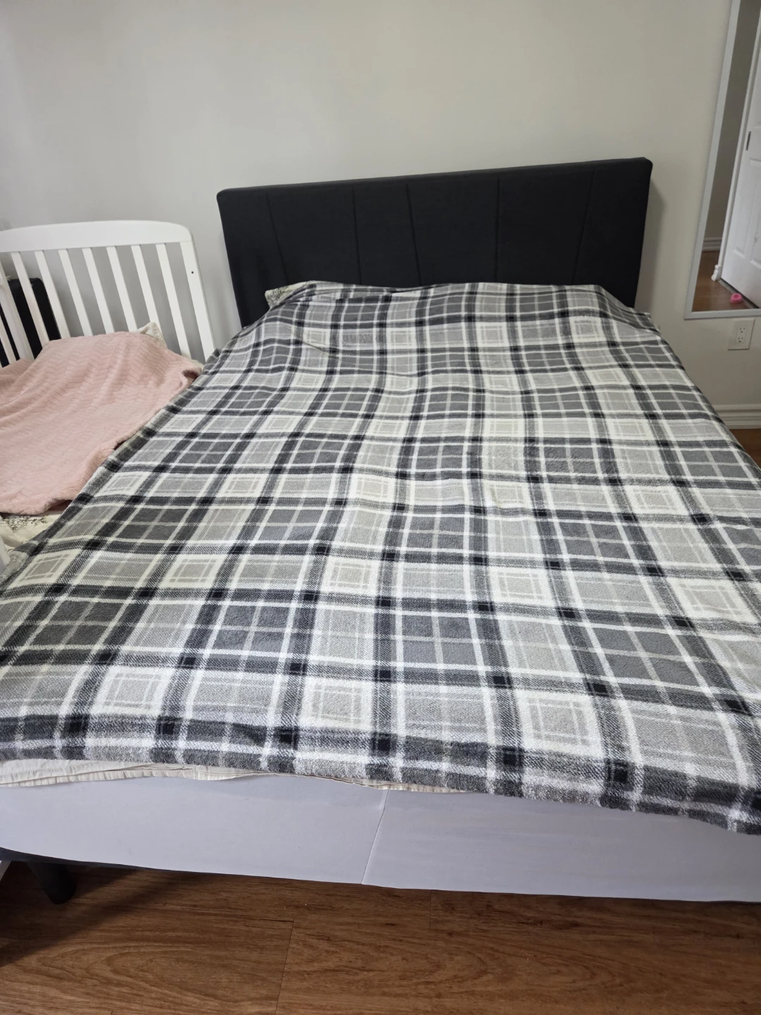 Grey Upholstered Headboard and Bed Frame