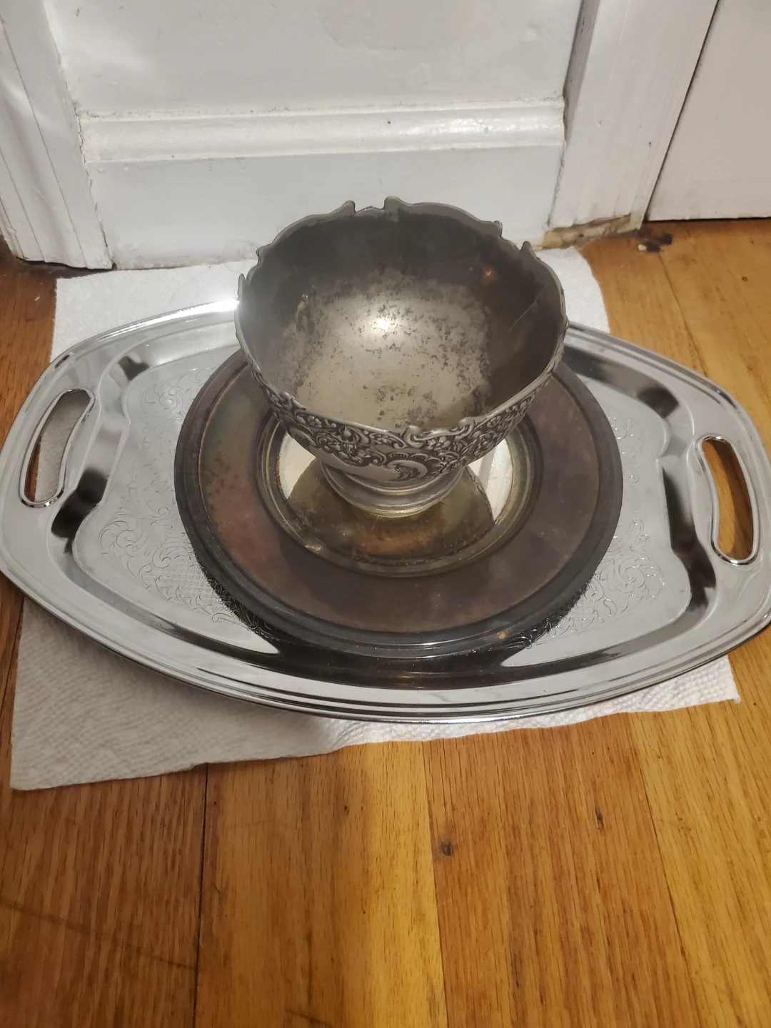 Silver Tone Serving Tray with Decorative Bowl and Stand - photo 3