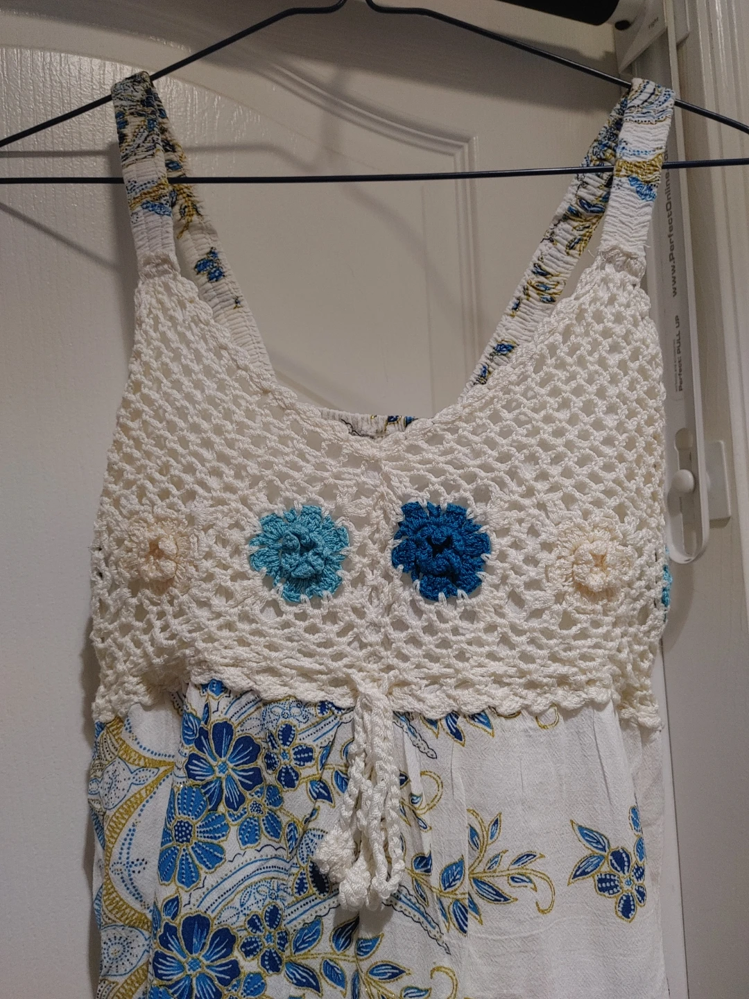 White Tiered Maxi Dress with Blue Floral Print - photo 2