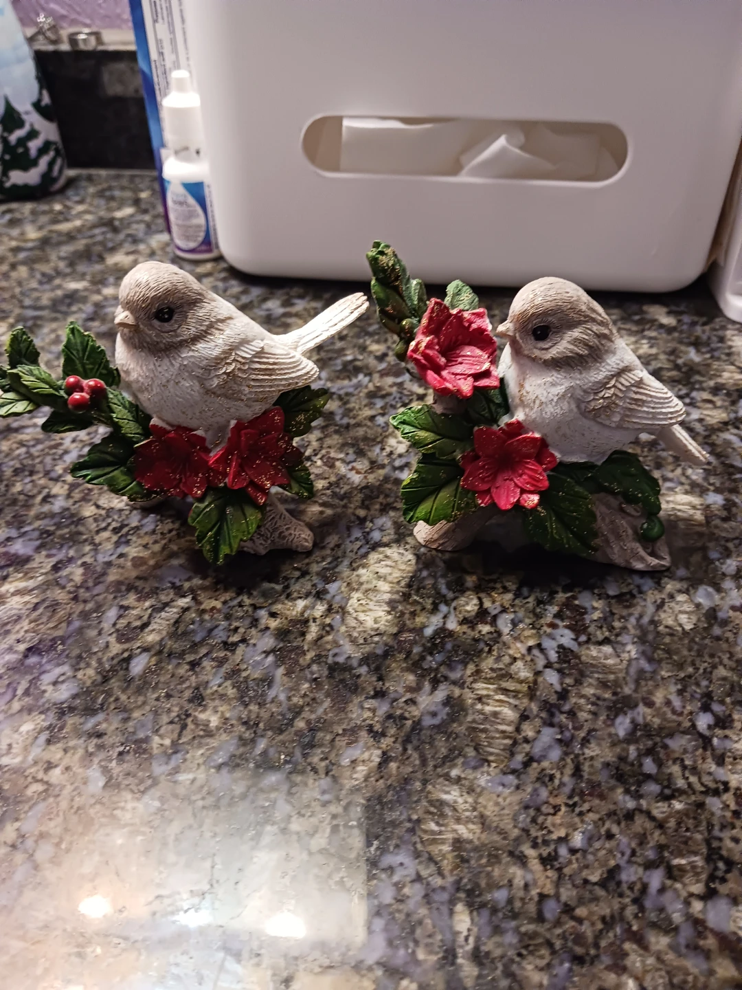 Set of 2 Ceramic Bird Figurines with Red Flowers