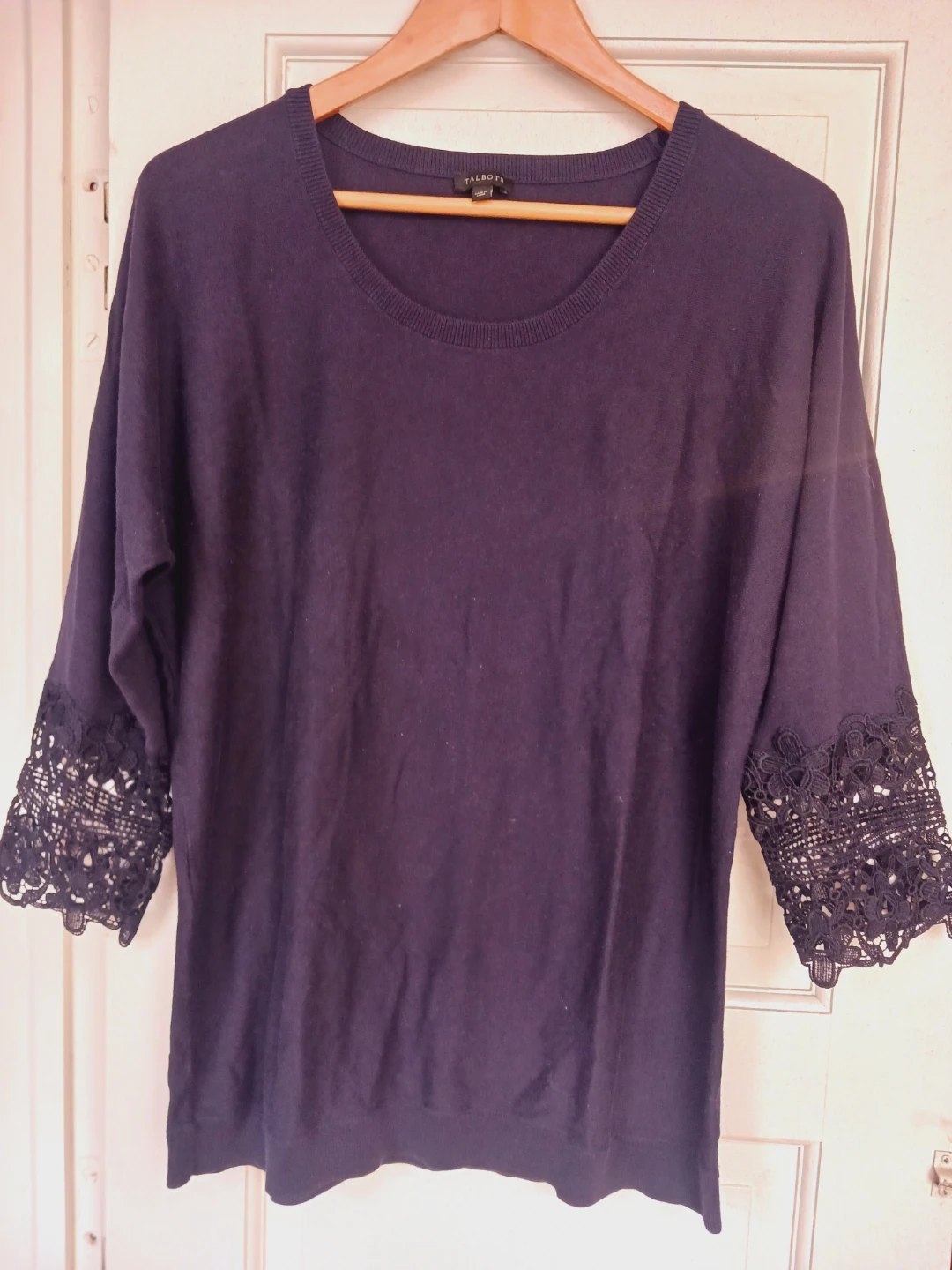 TALBOTS Blue Scoop Neck Crochet Sleeves Cotton Sweater.L. - photo 2
