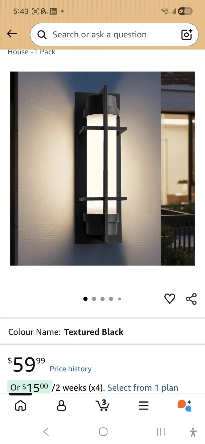 BNIB  Black Outdoor Wall Light Fixture