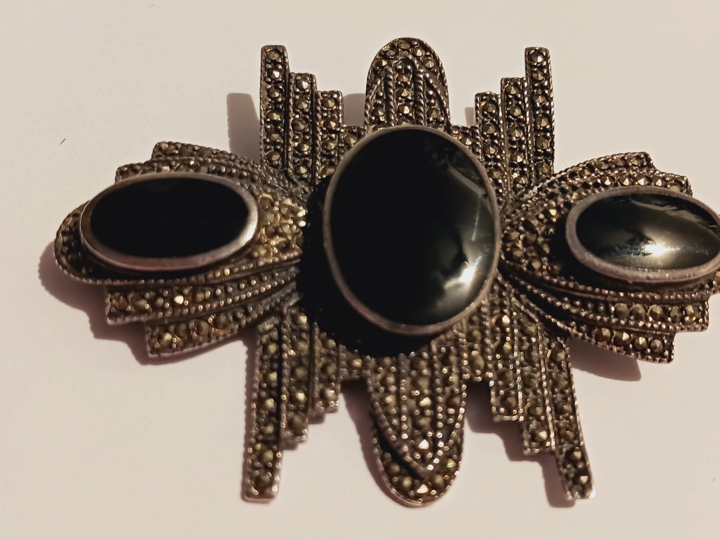 Art Deco Sterling Silver 925 Marcasites Onyx Stone Brooch - photo 3