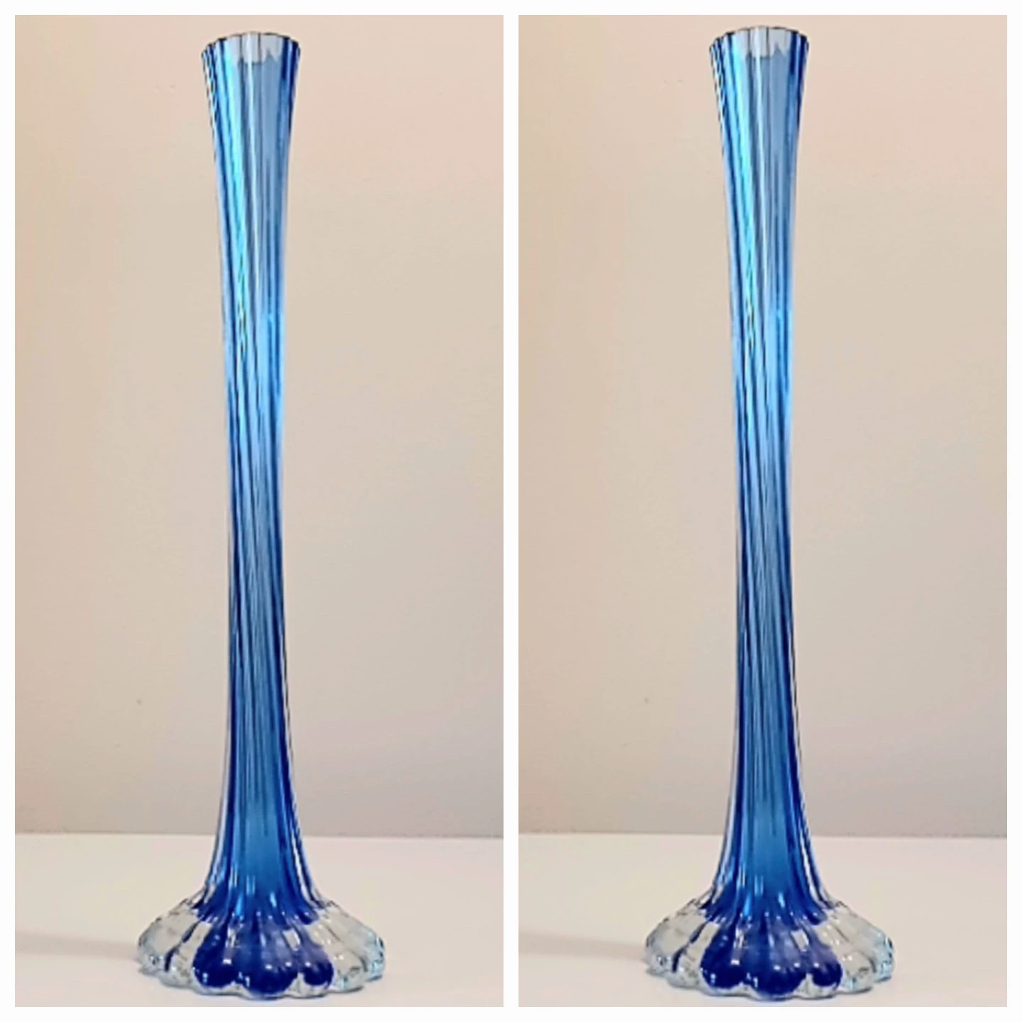 Vtg Cobalt Blue Ribbed Glass Solifore Vase - photo 5