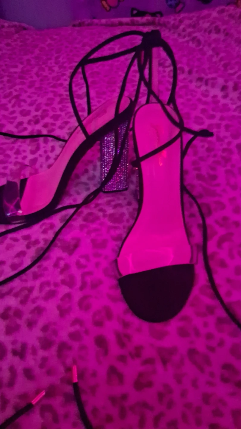 size 7 Women's Black Lace-Up Heels with Rhinestone Block Heel