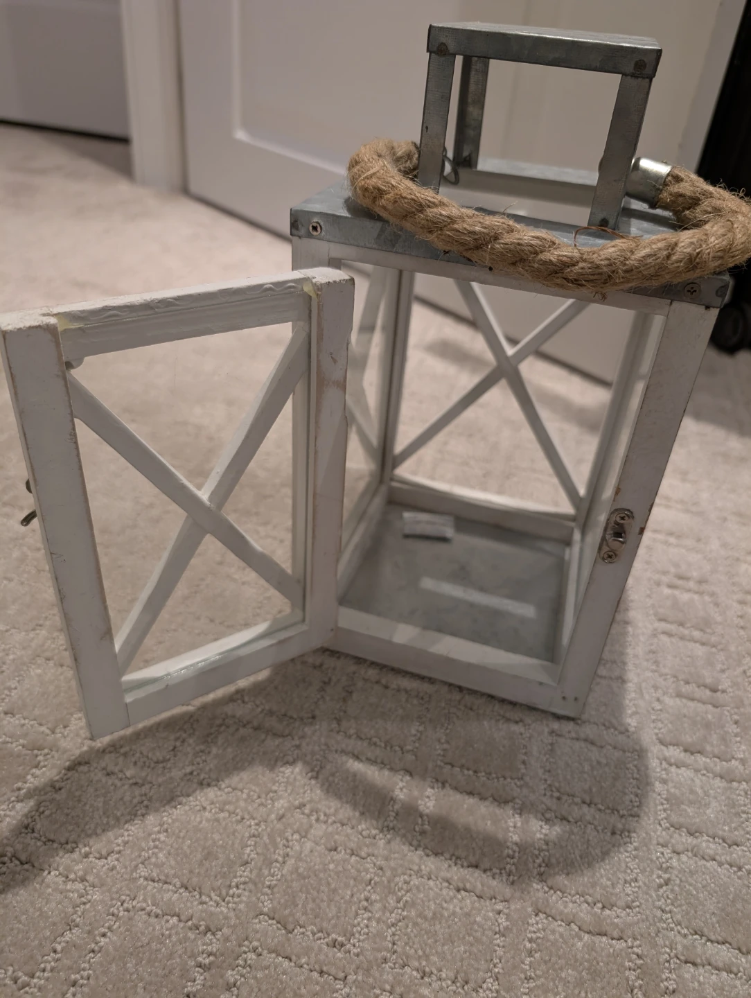 White Wooden Lantern with Rope Handle