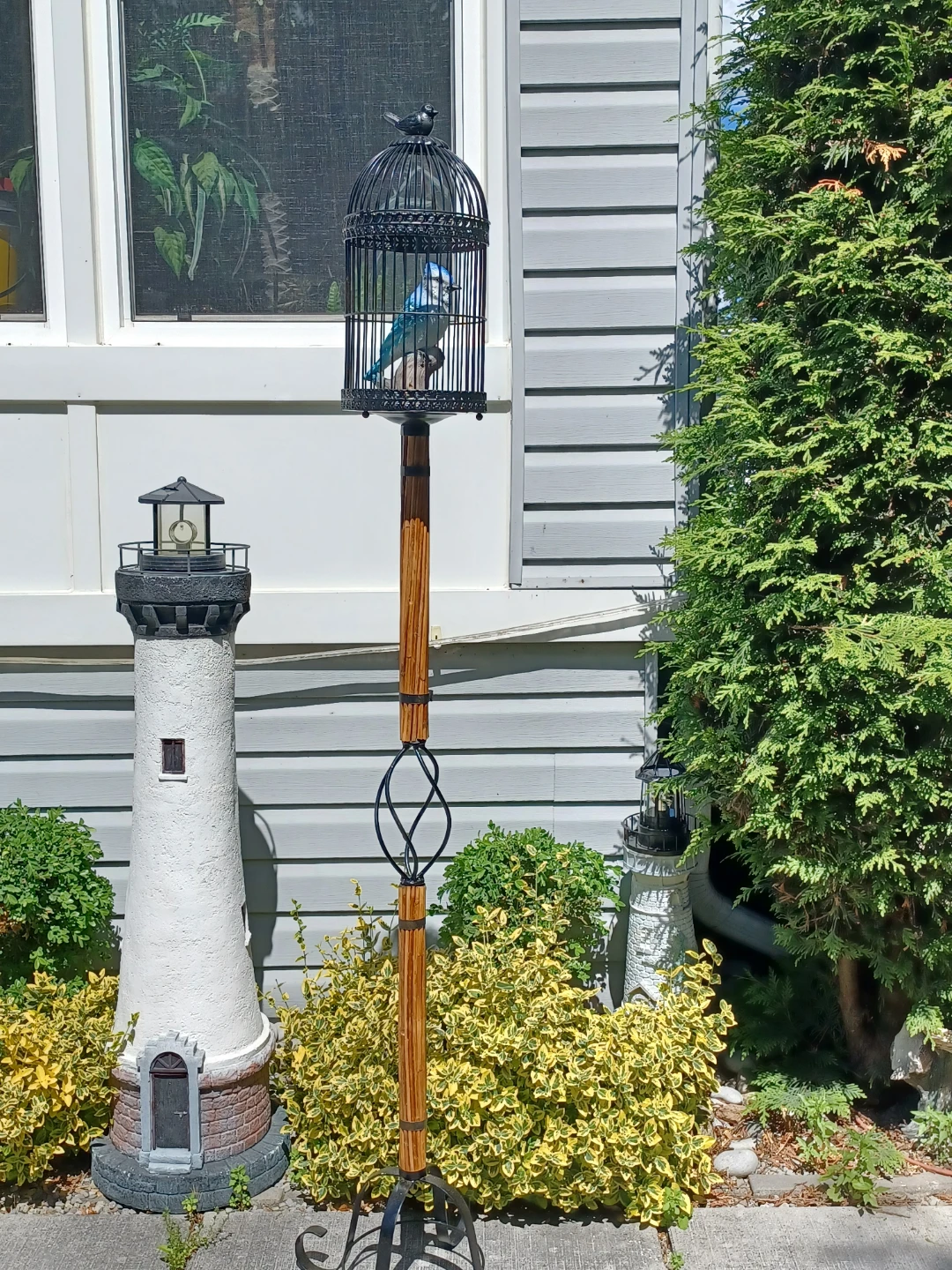 Decorative Bird Cage with Blue Bird on Wrough IronStand