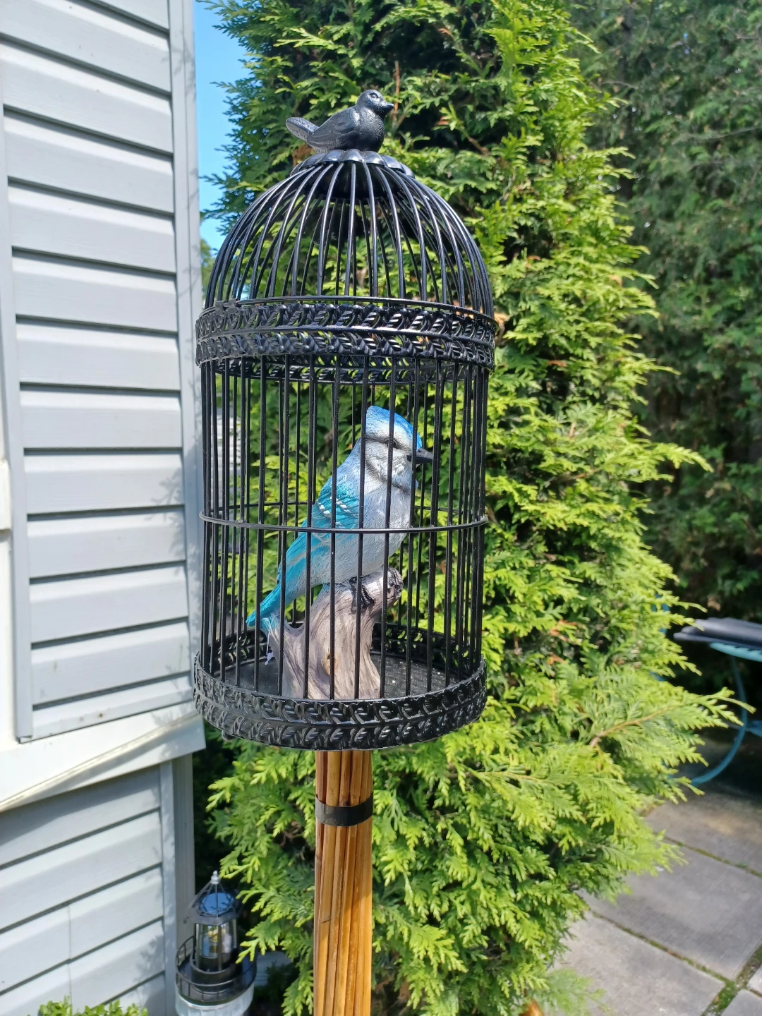 Decorative Bird Cage with Blue Bird on Wrough IronStand - photo 4