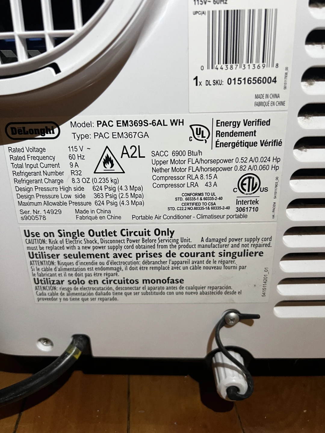 DeLonghi Pinguino Portable Air Conditioner PAC EM369S-6AL WH - photo 2