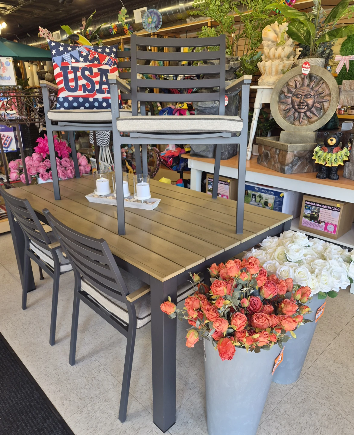 New Outdoor Dining Set with Table, 4 Chairs with cushions, Bench