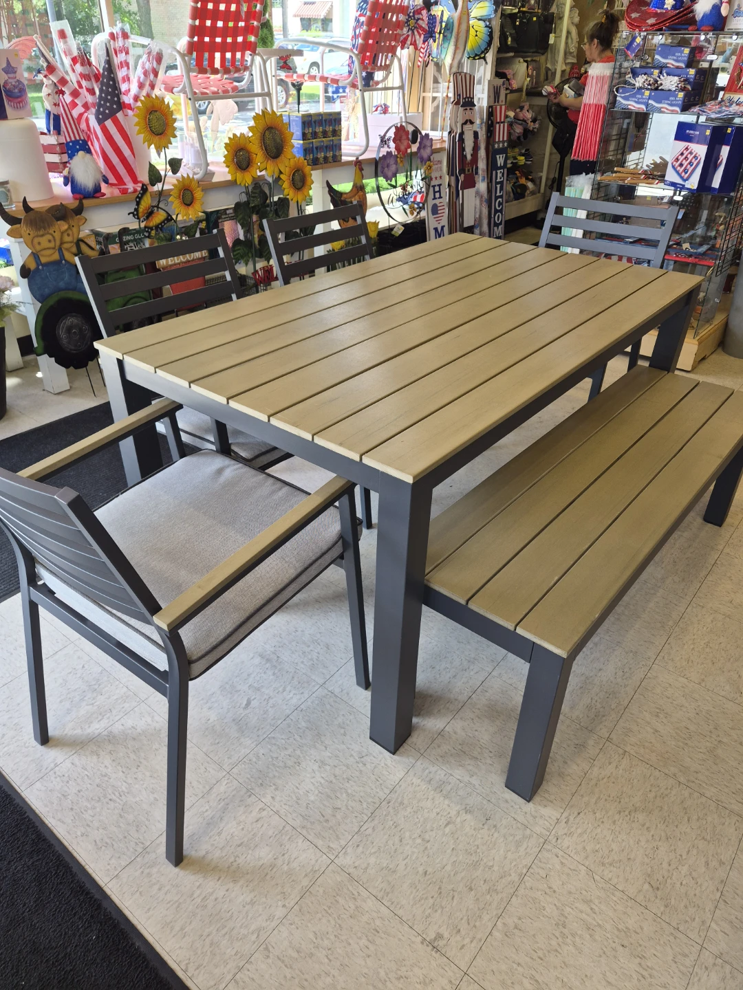 New Outdoor Dining Set with Table, 4 Chairs with cushions, Bench - photo 3