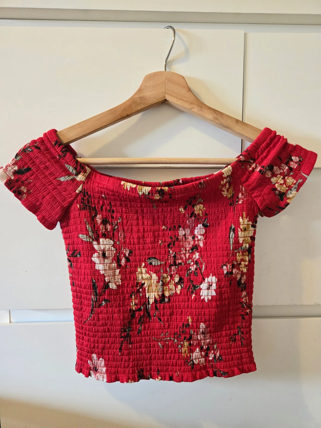 Dynamite Red Floral Smocked Off-the-Shoulder Crop Top