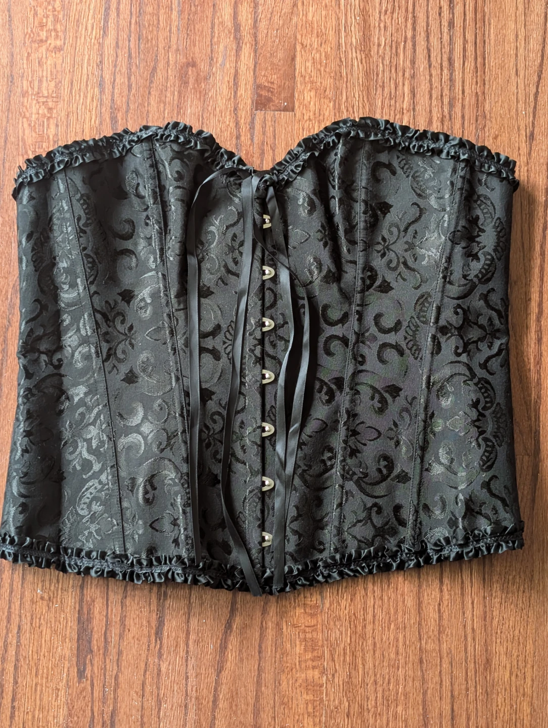 Black Jacquard Corset with Ruffles and Ribbon Ties
