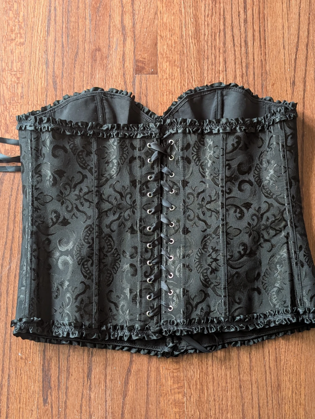 Black Jacquard Corset with Ruffles and Ribbon Ties - photo 2