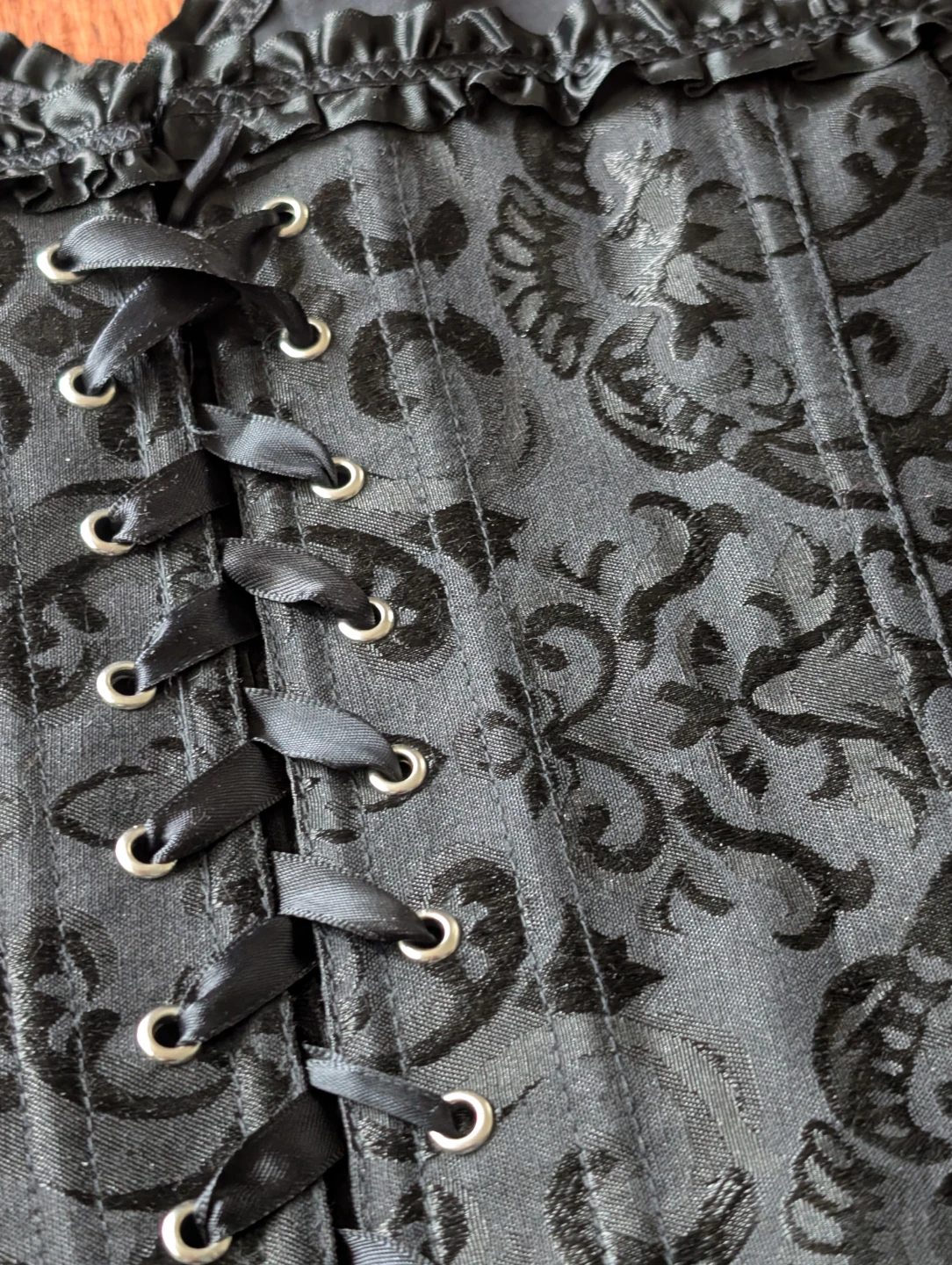 Black Jacquard Corset with Ruffles and Ribbon Ties - photo 3