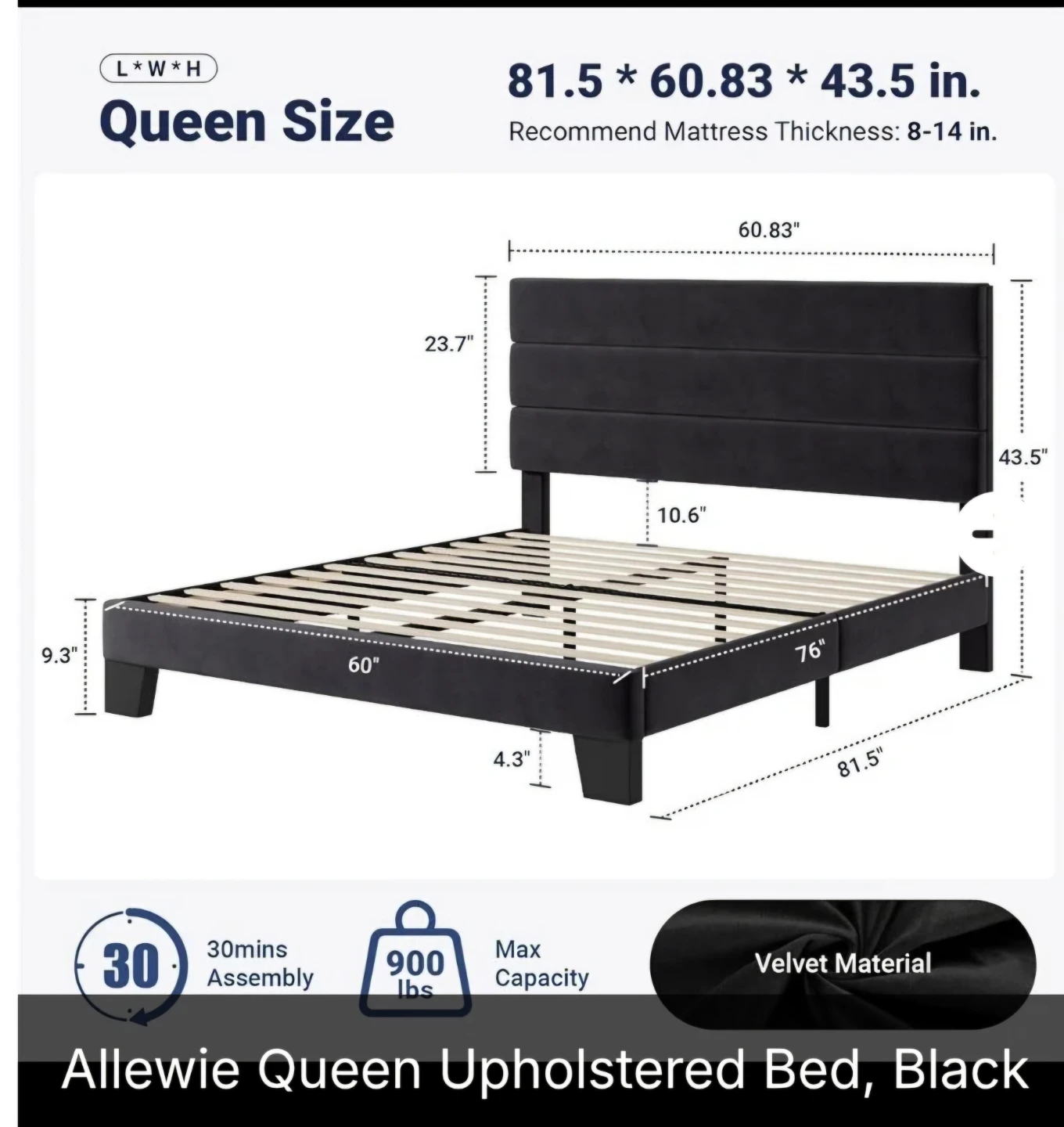 Allewie Queen Grey Upholstered Platform Bed - photo 2