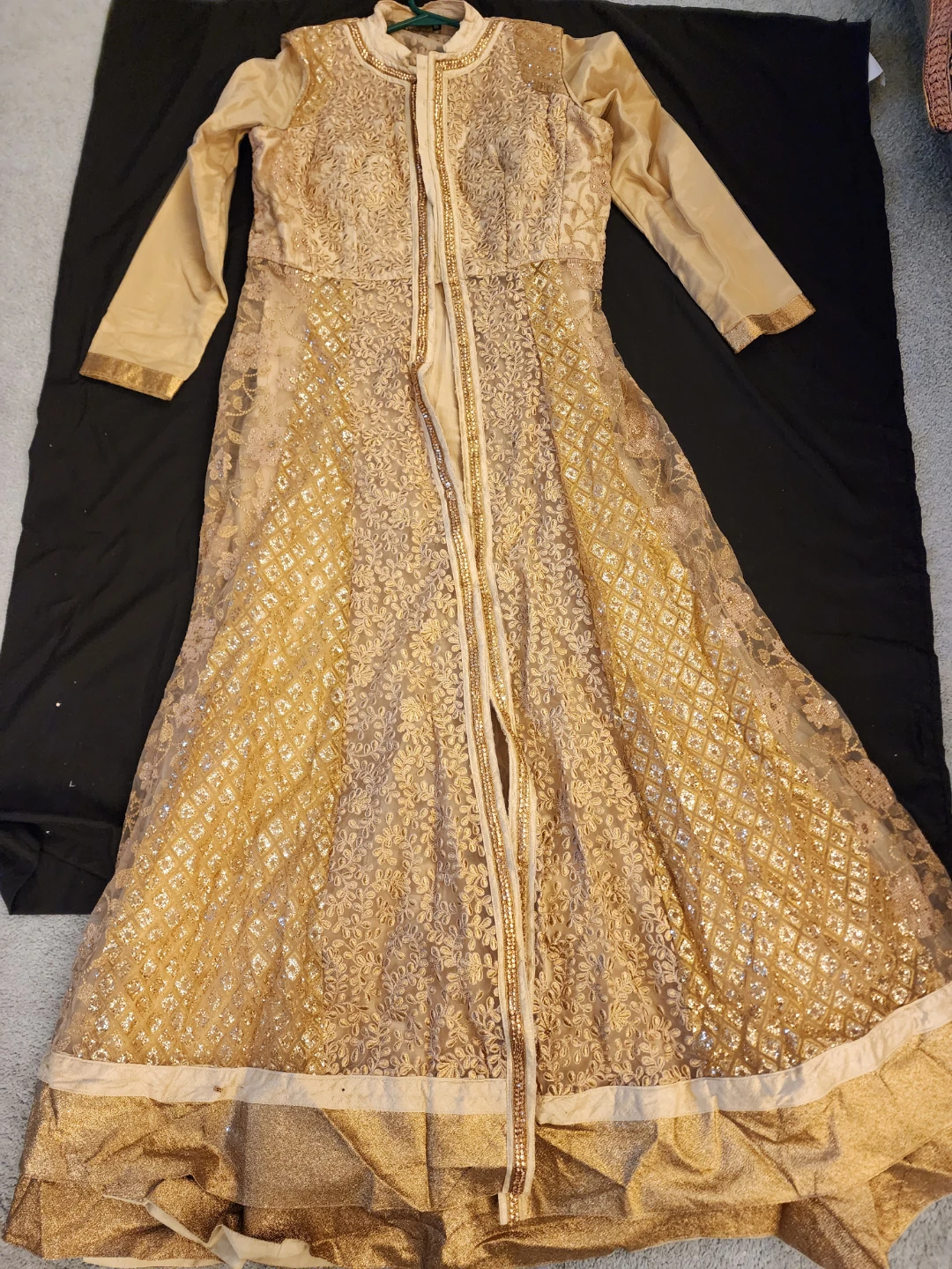 Gold Embroidered Maxi Dress with Dupatta and Pants