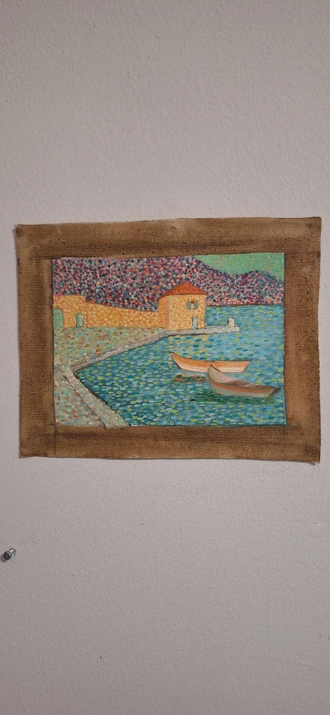 Pointillist Painting of Boats by the Water