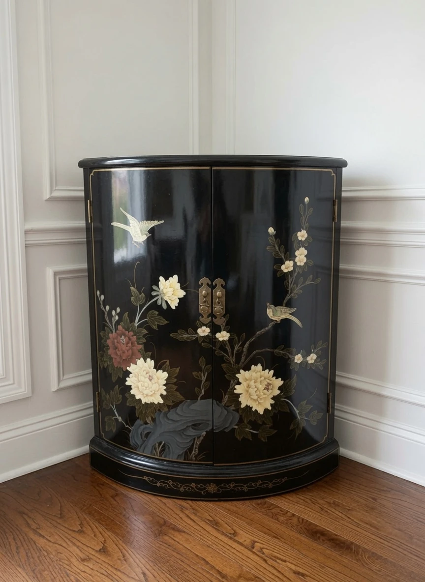 Vintage Black Lacquer Curved Corner Cabinet