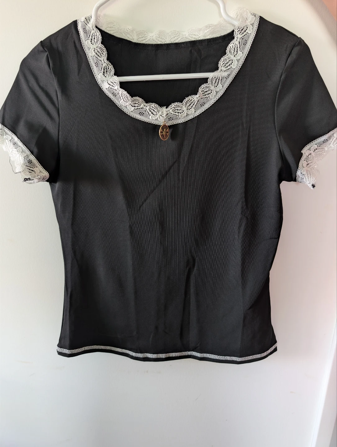 Black Lace Trimmed Short Sleeve Top - photo 2