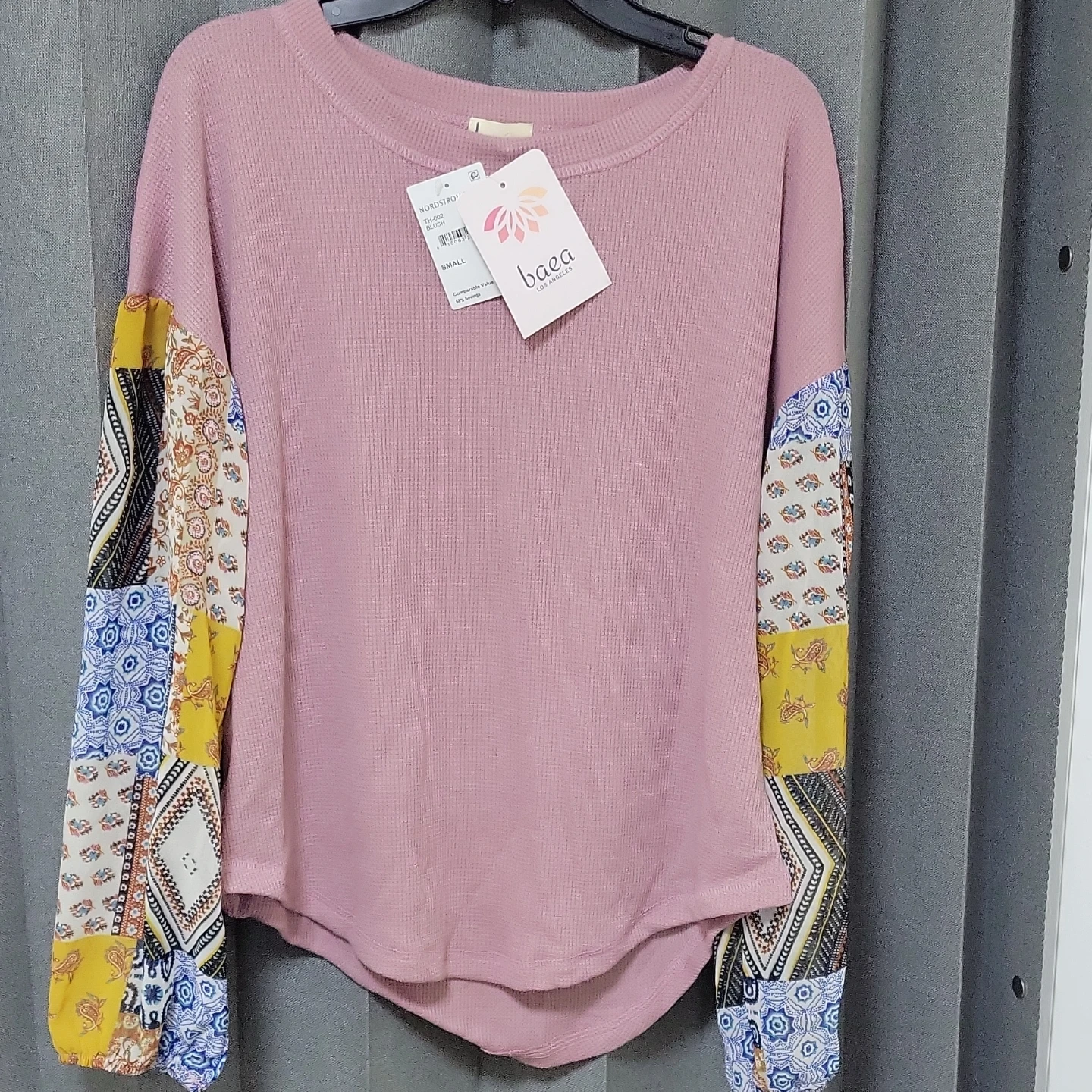 Baea Los Angeles Pink Patchwork Sleeve Waffle Knit Top Size S - photo 3