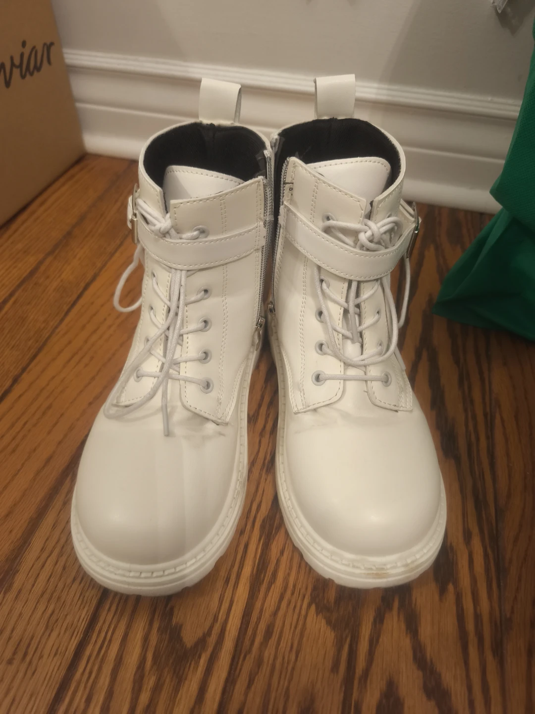 White Lace-Up Combat Boots with Buckle