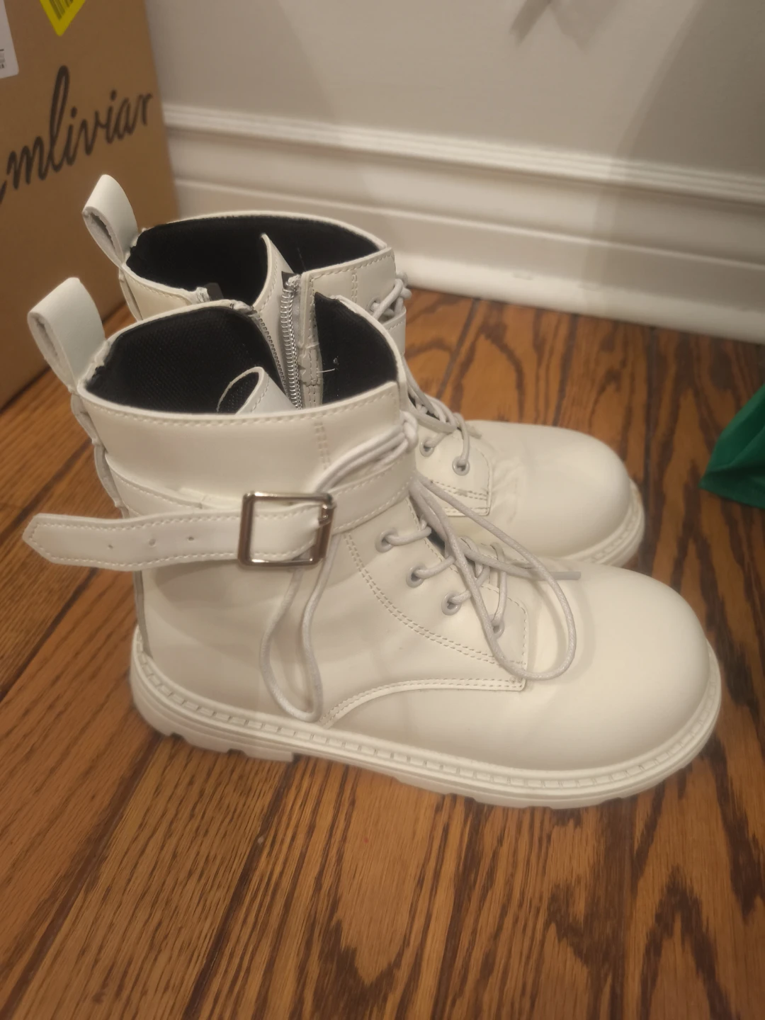 White Lace-Up Combat Boots with Buckle - photo 2