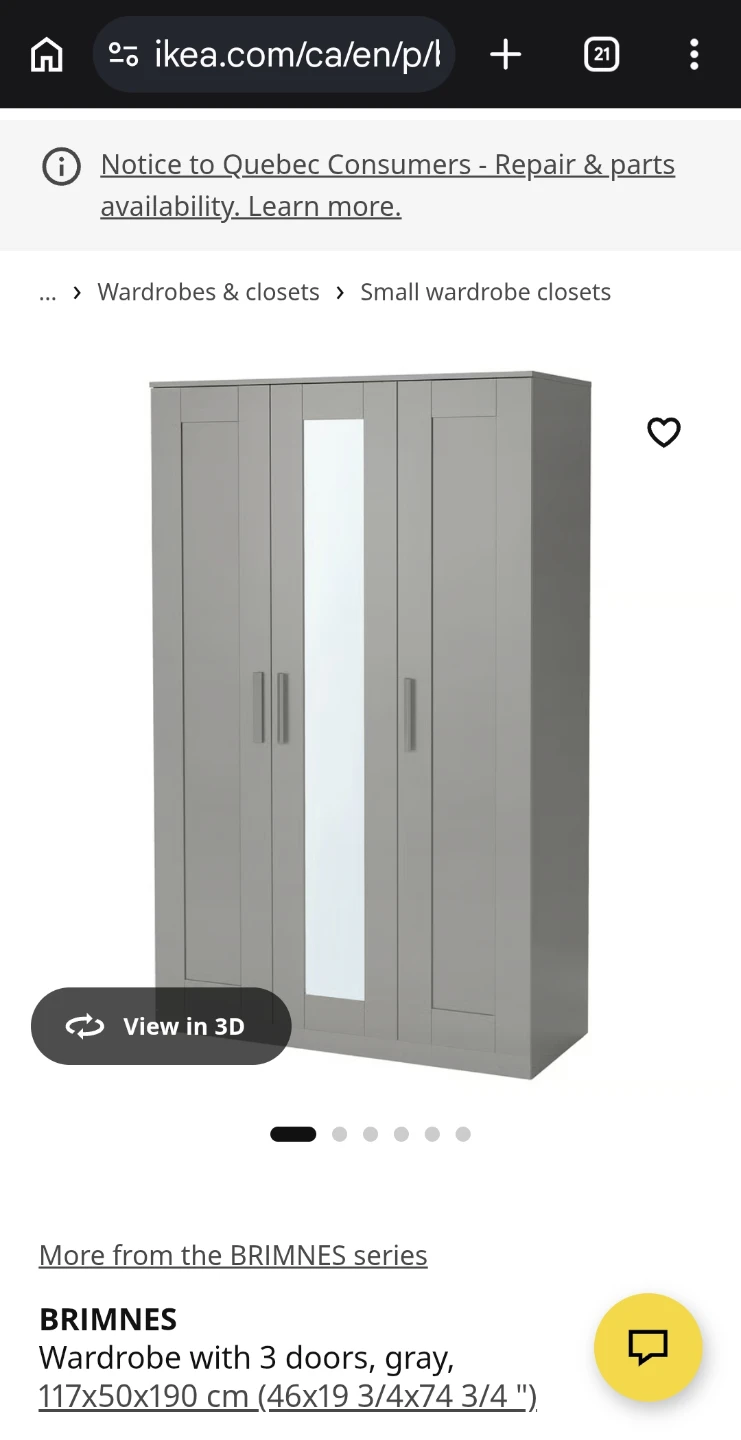 IKEA BRIMNES Wardrobe with 3 Doors, Gray