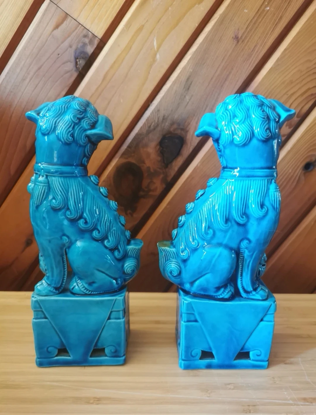 Pair Of Vintage Ceramic Turquoise Blue Foo Dogs - photo 4
