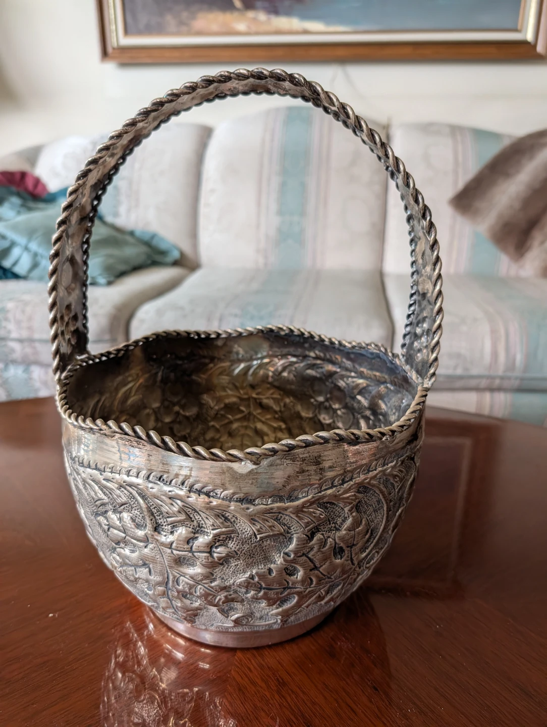 Ornate Silver-Tone Basket with Handle