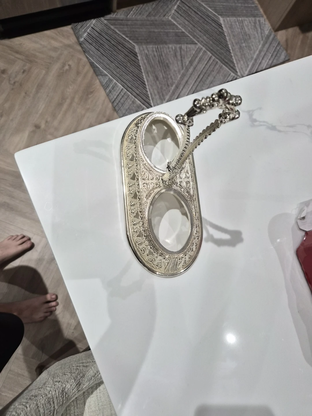 Ornate Silver-Tone glass carafe holder