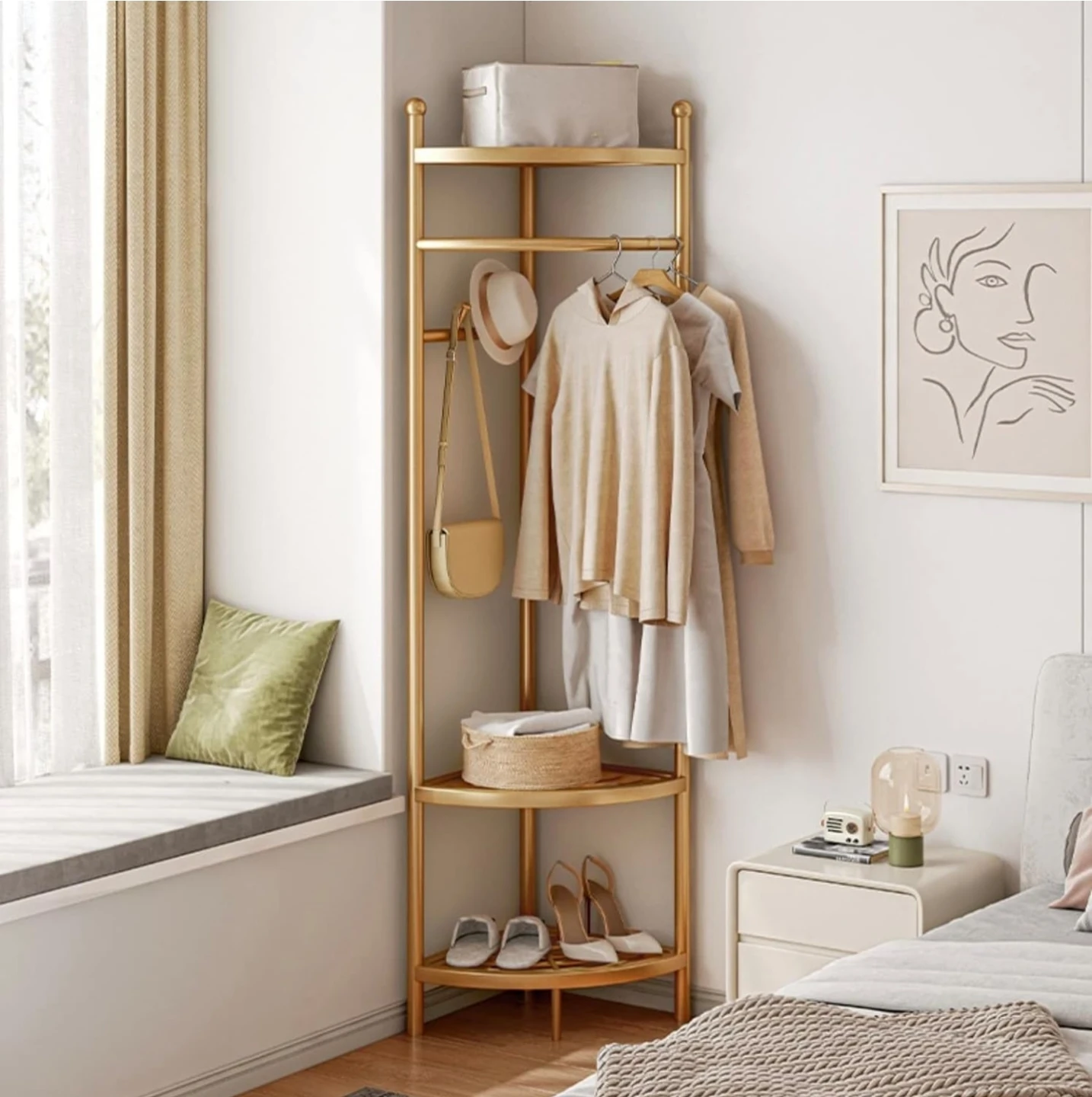 Gold Metal Corner Garment Rack with Shelves