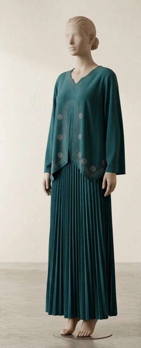 Teal Pleated Skirt and Embellished Top Set