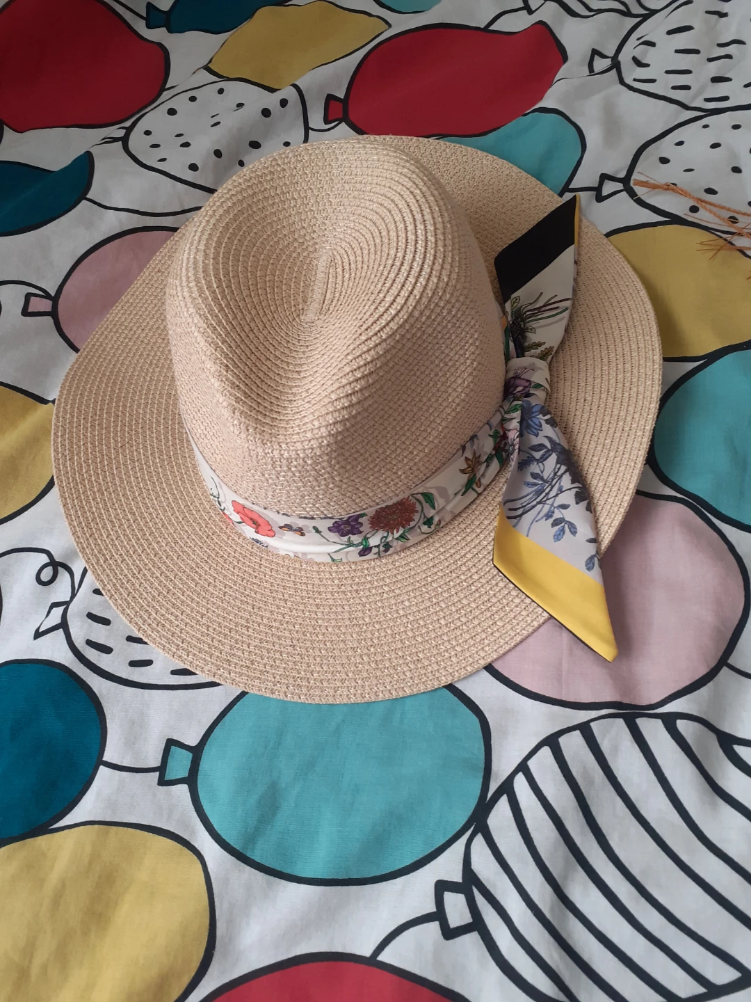 Straw Sun Hat with Scarf