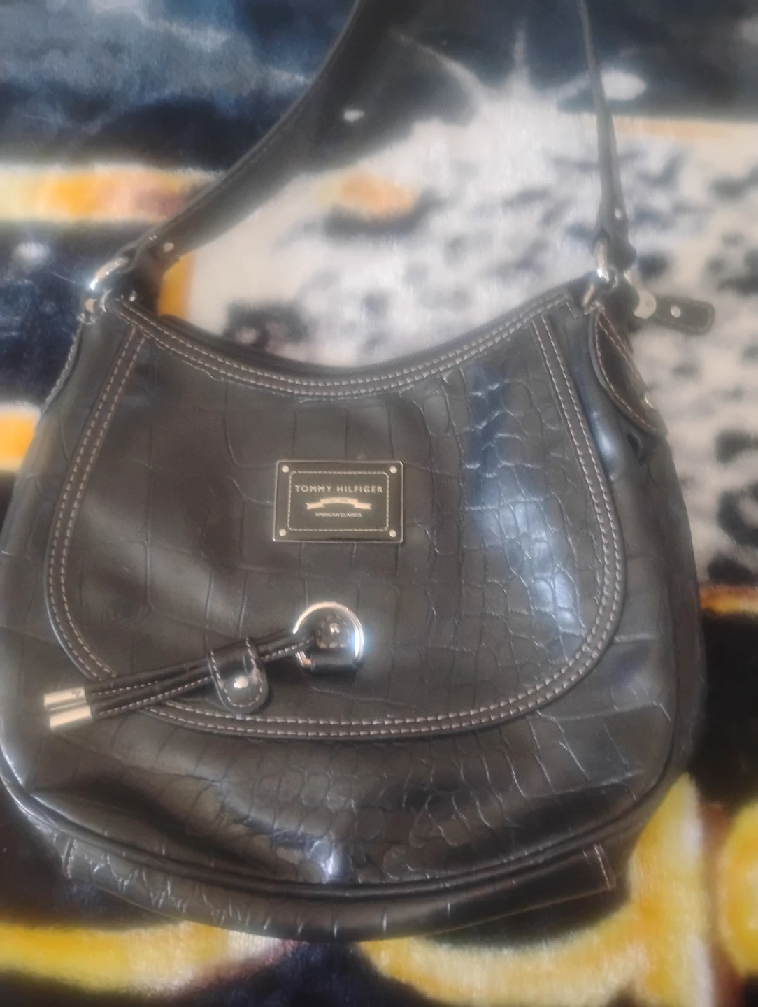 Tommy Hilfiger Black Croc-Embossed Shoulder Bag