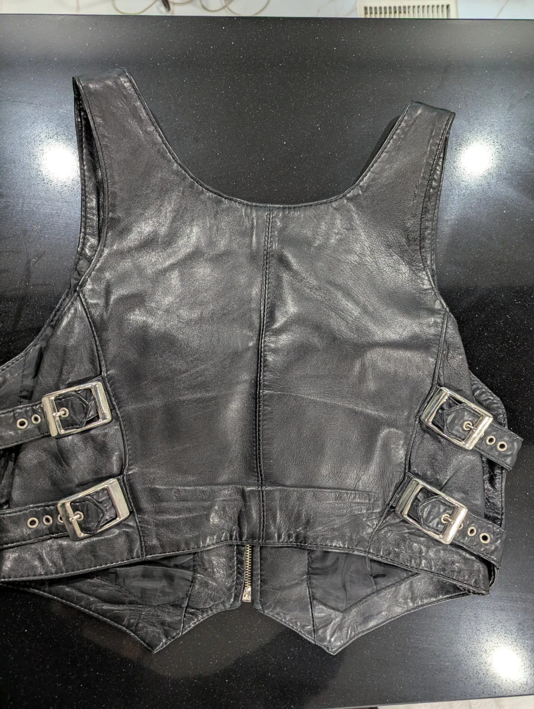 Black Leather Motorcycle Vest with Buckle Accents
