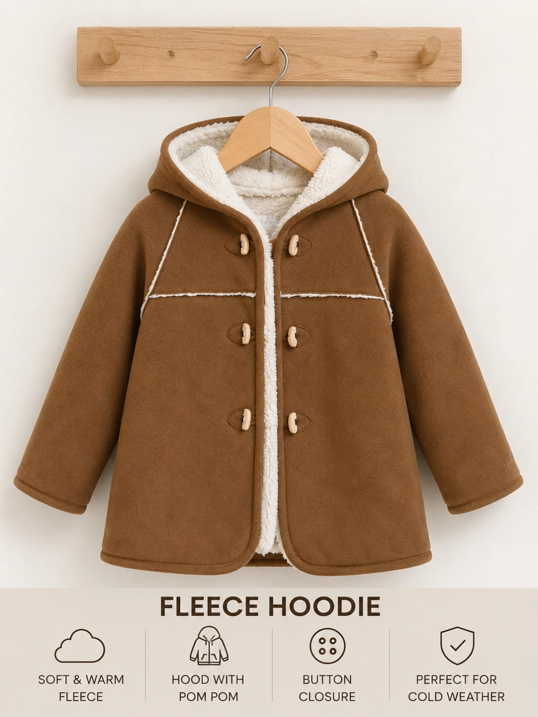 Brown Fleece Hoodie with Pom Pom Hood