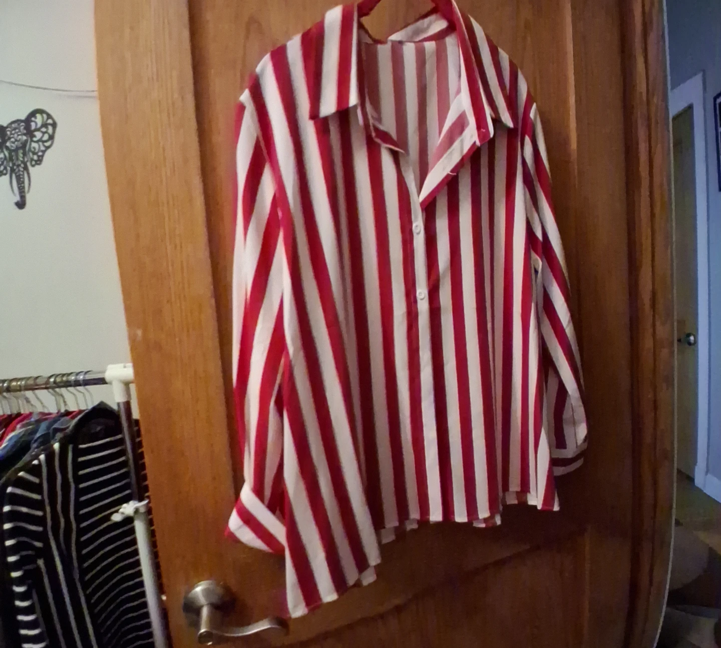 Red and White Striped Button-Up Shirt
