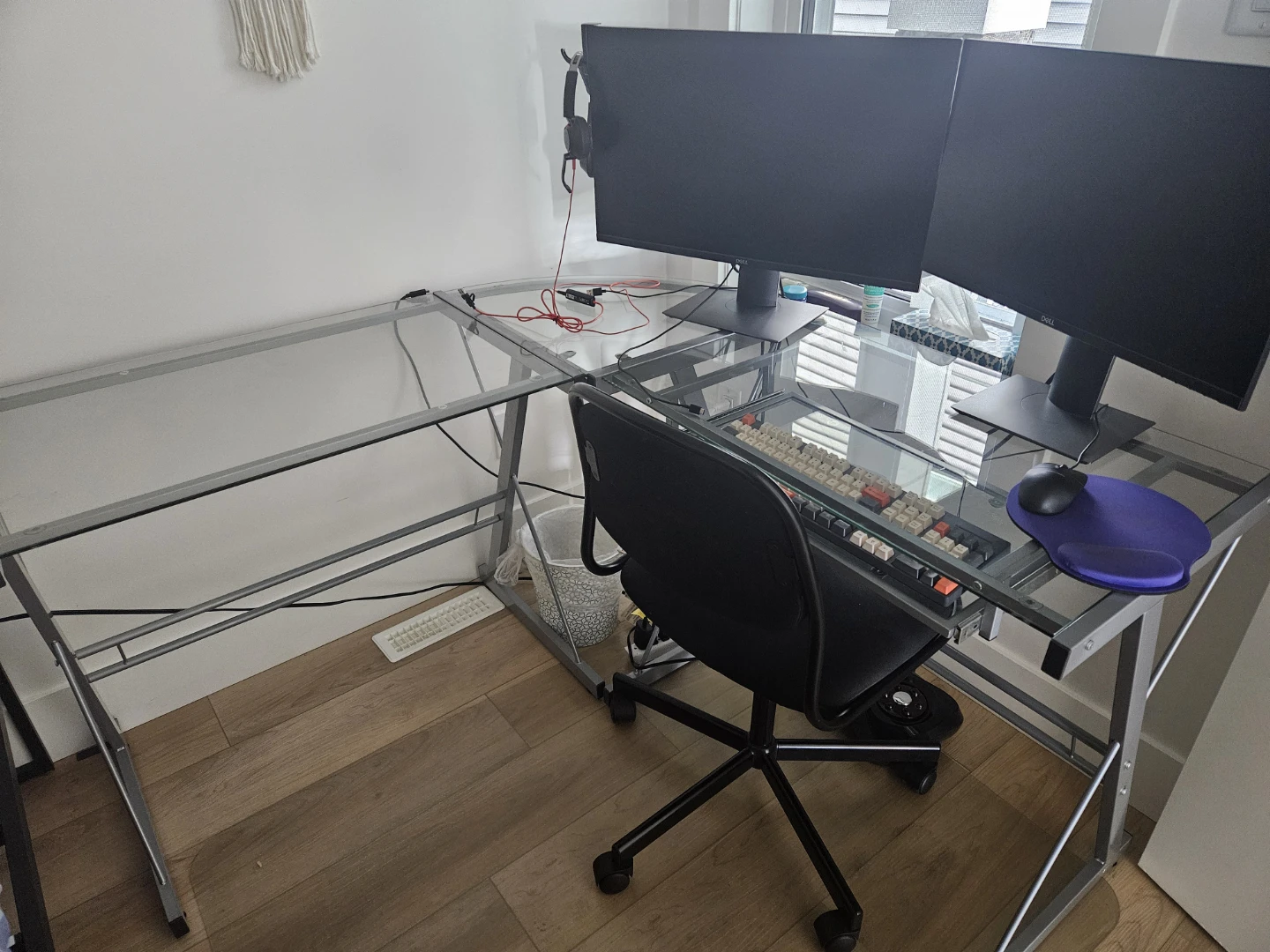 Glass and Metal L-Shaped Desk with chair