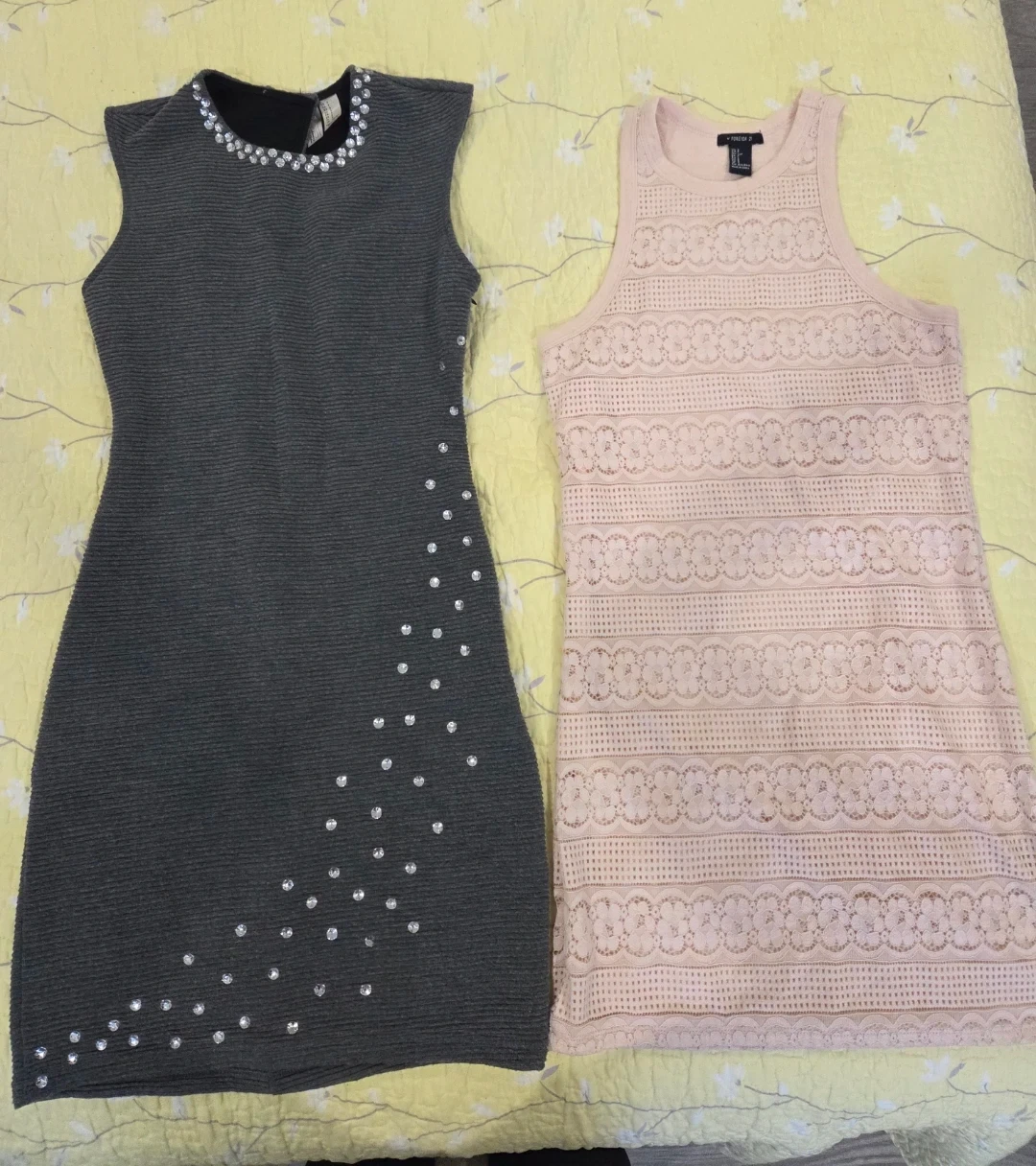 Two Women's Dresses - Grey Embellished & Pink Lace