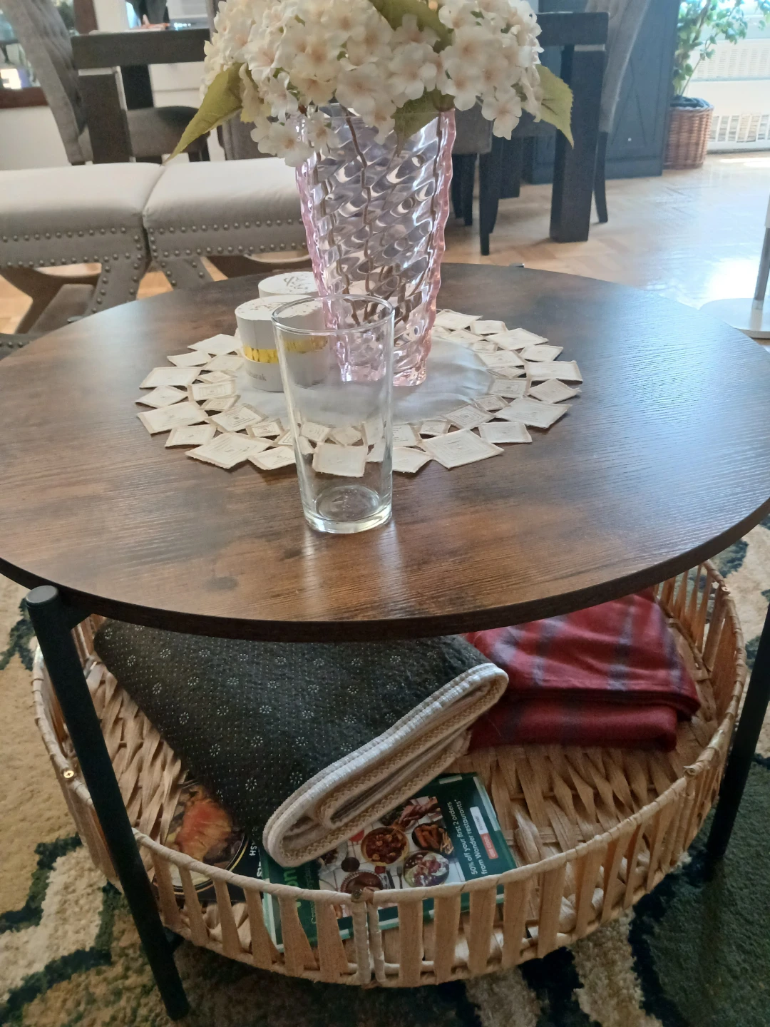 Round Wood Coffee Table with Storage Basket