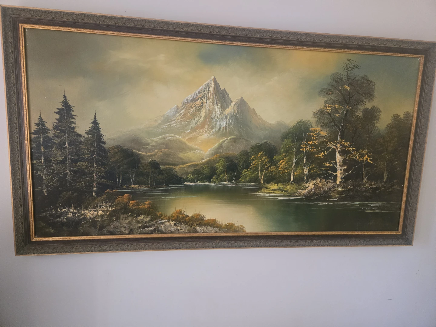 Framed Mountain Lake Landscape Oil Painting