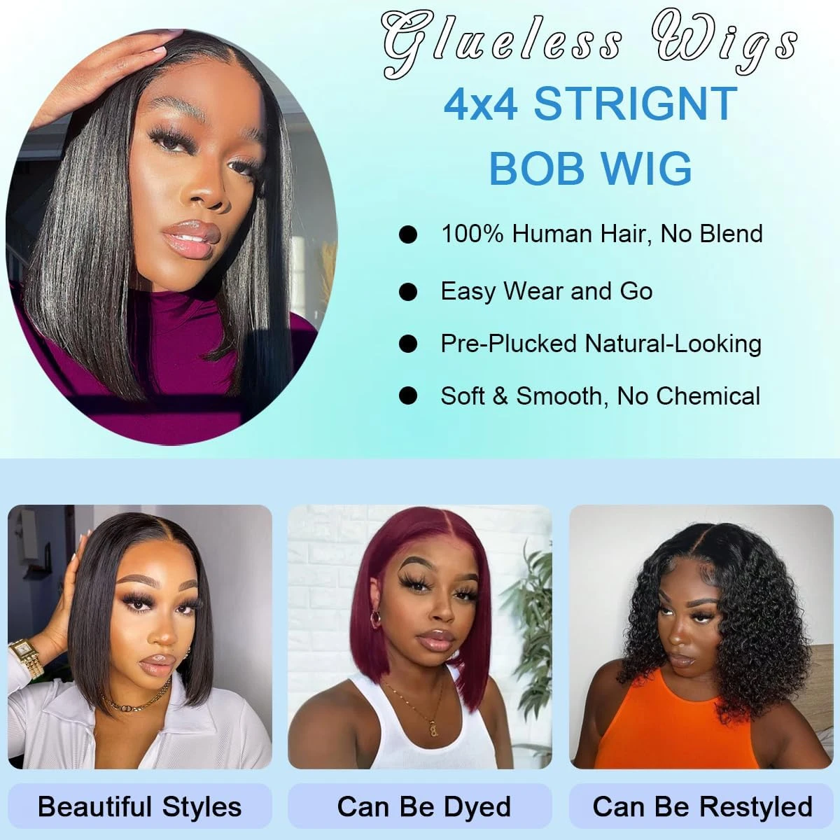 Glueless Wigs 4x4 Straight Bob Wig - photo 3