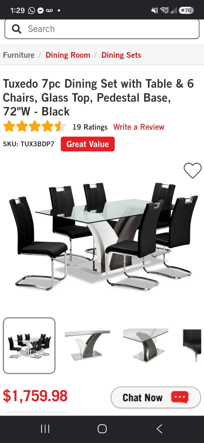 Tuxedo 7pc Dining Set - Glass Top, Pedestal Base, 72"W