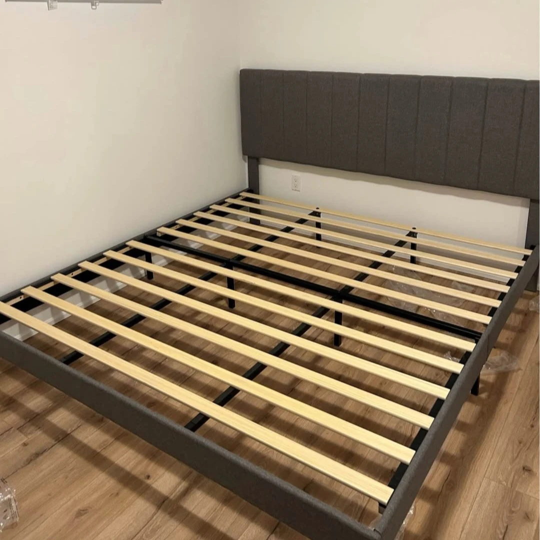 Grey Upholstered Queen Bed Frame with Headboard