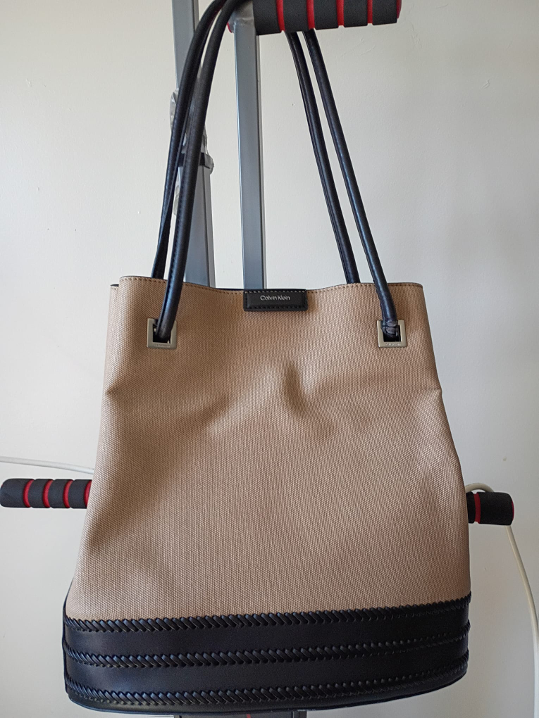Calvin Klein Beige Canvas & Black Leather Trim Tote Bag