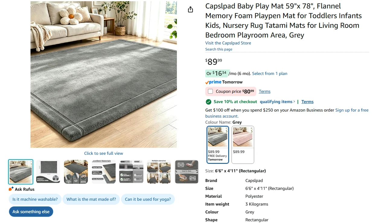 Baby Play Mat - Grey, 59" x 78" - photo 2