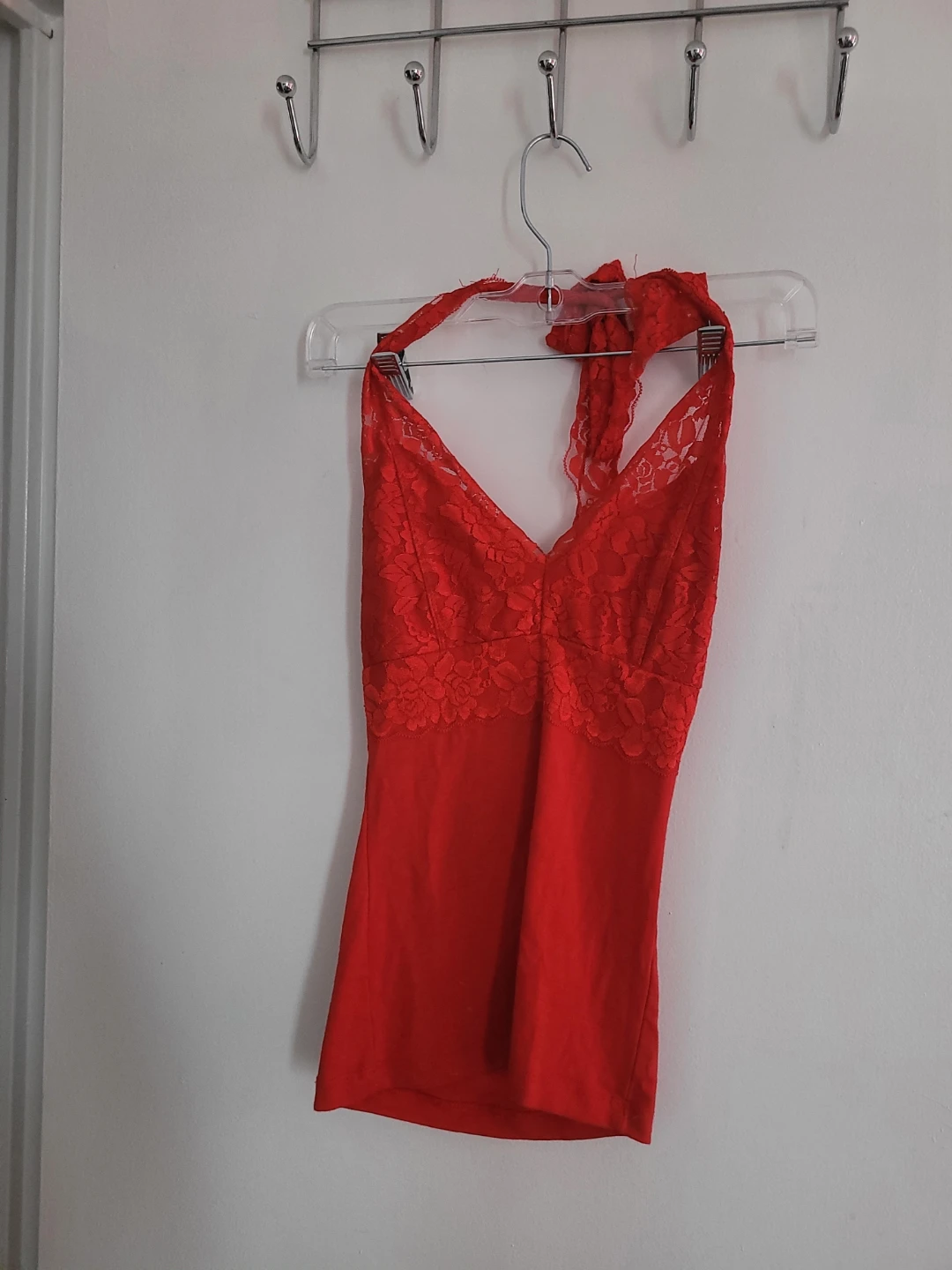 Red Halter Tank Top with Lace Trim