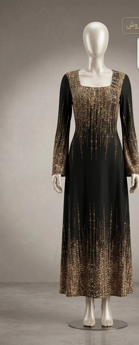 Black long-sleeve dress with gold sparkle detail