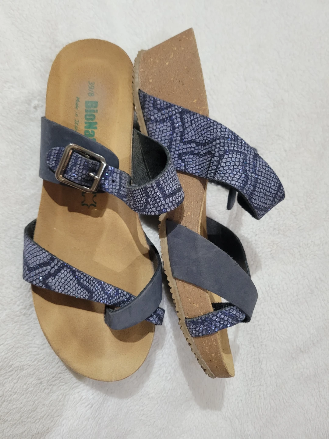 Blue Snake Print Strap Sandals - Size 39/8